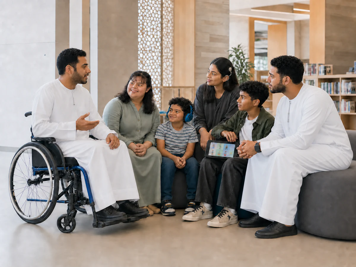 دائرة حوار إماراتية تضم أصحاب الهمم وتجارب متنوعة، ومستمعًا يسأل باهتمام قبل أن يحكم