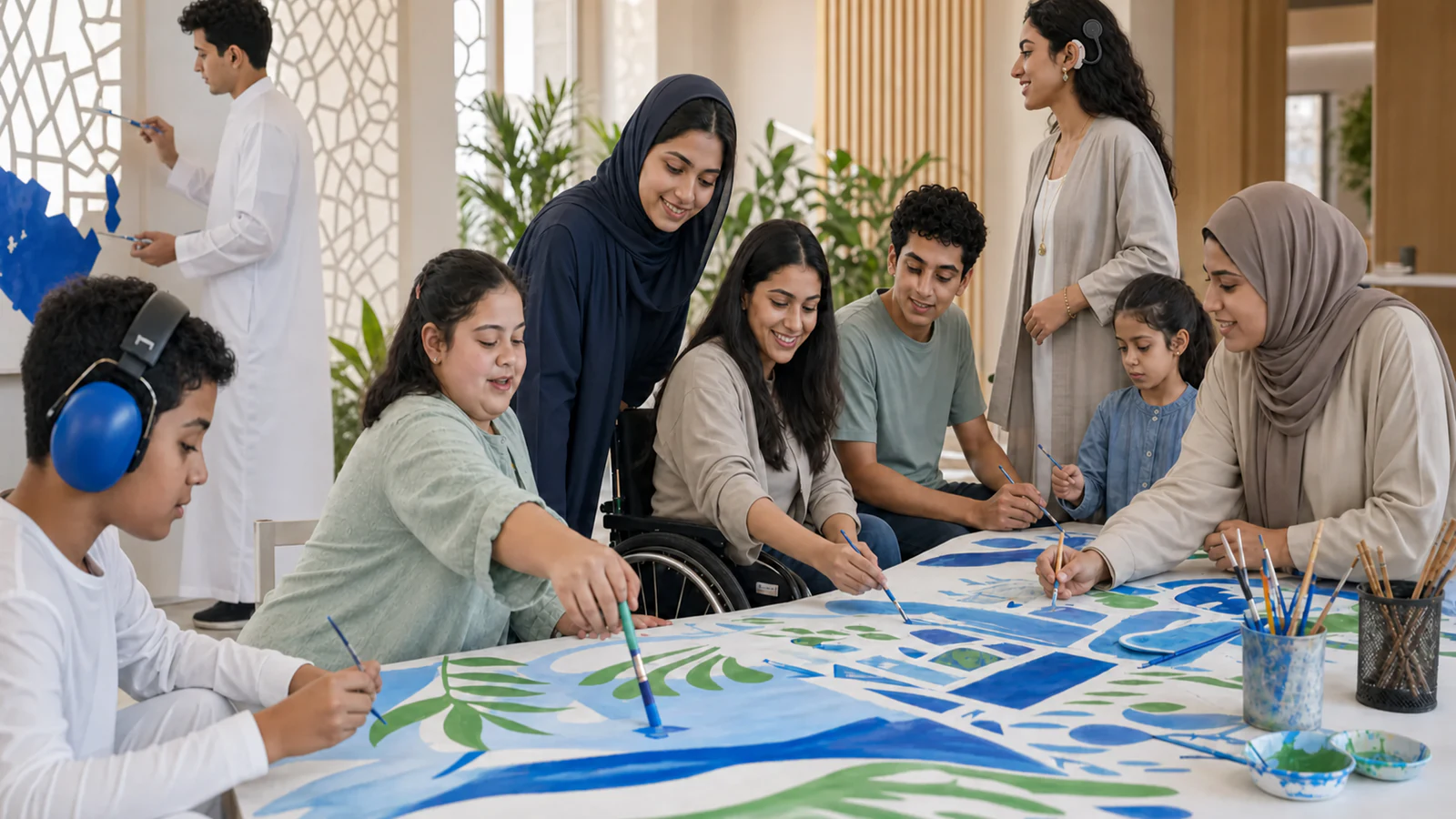 ورشة فنية مجتمعية إماراتية تضم طفلًا يستخدم سماعات حسية، وطفلة ذات متلازمة داون، وشابة تستخدم كرسيًا متحركًا، وشابة تستخدم زراعة قوقعة، ومجموعة تشارك في الرسم