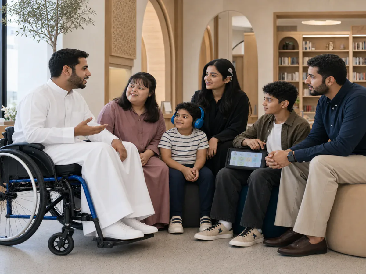 دائرة حوار بحرينية تضم أشخاصًا ذوي إعاقات وتجارب متنوعة، ومستمعًا يسأل باهتمام قبل أن يحكم