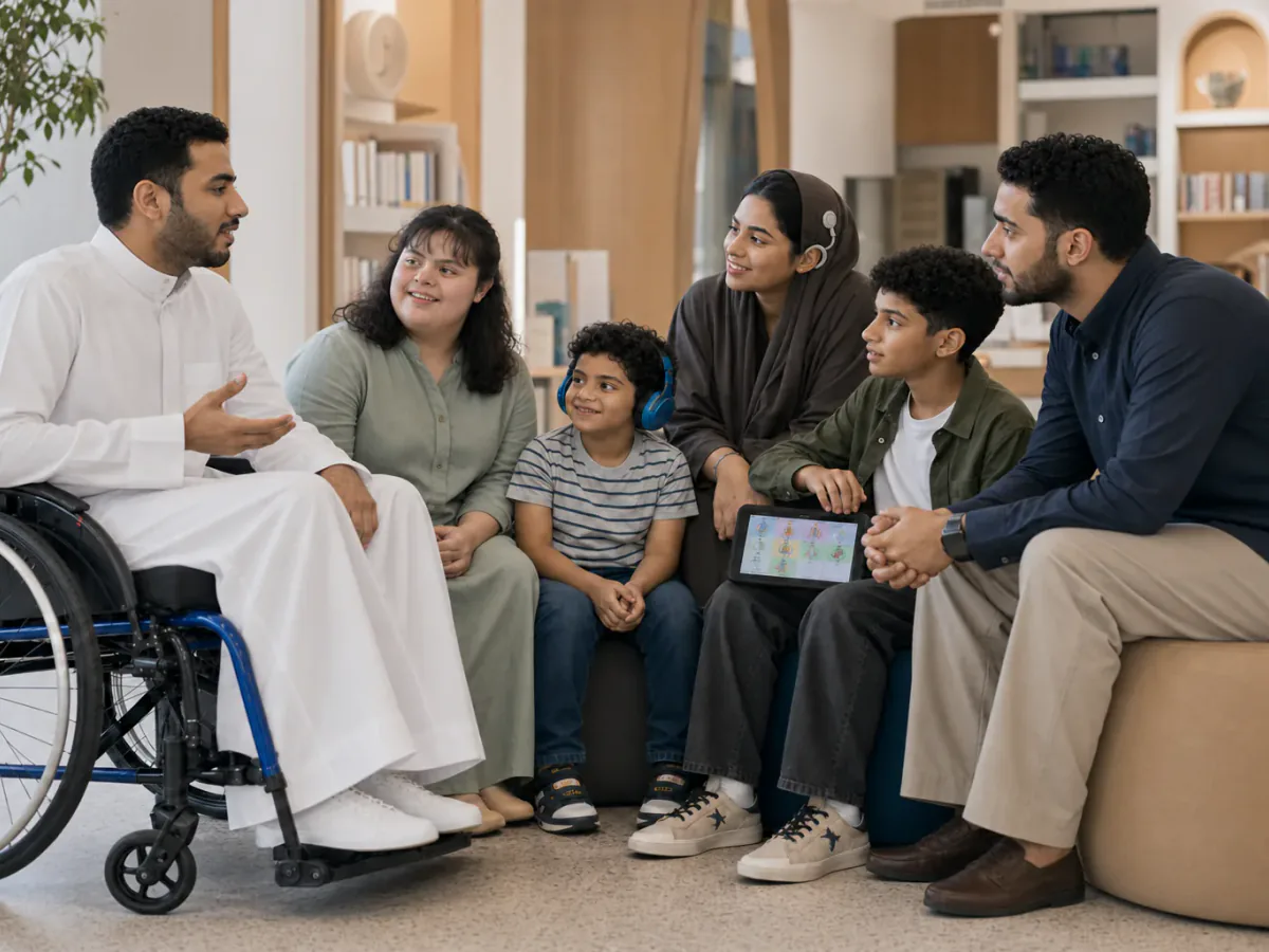 دائرة حوار كويتية تضم أشخاصًا ذوي إعاقات وتجارب متنوعة، ومستمعًا يسأل باهتمام قبل أن يحكم