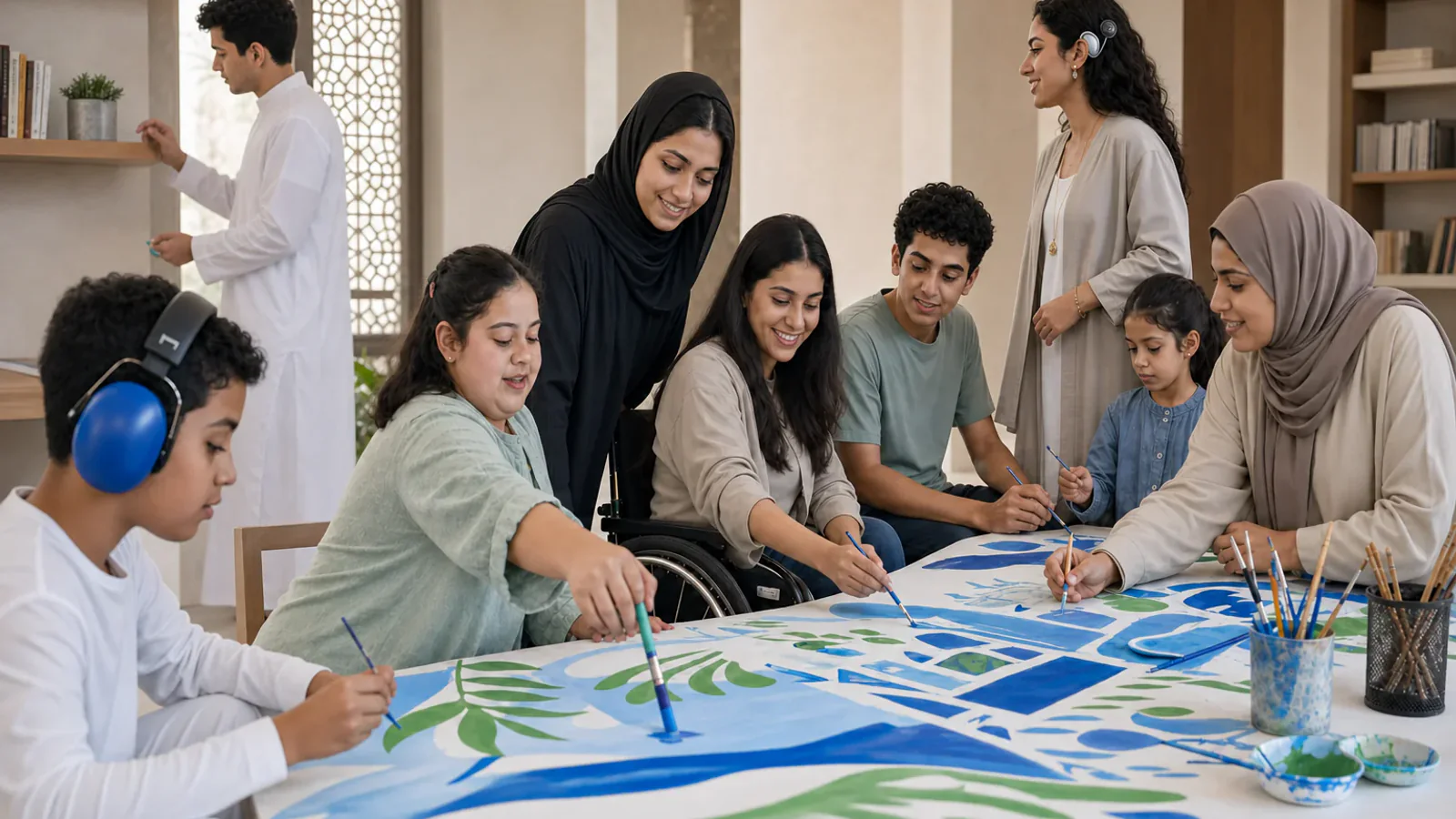 ورشة فنية مجتمعية كويتية تضم طفلًا يستخدم واقيات سمع حسية، وطفلة ذات متلازمة داون، وشابة تستخدم كرسيًا متحركًا، وشابة تستخدم زراعة قوقعة، ومجموعة تشارك في الرسم