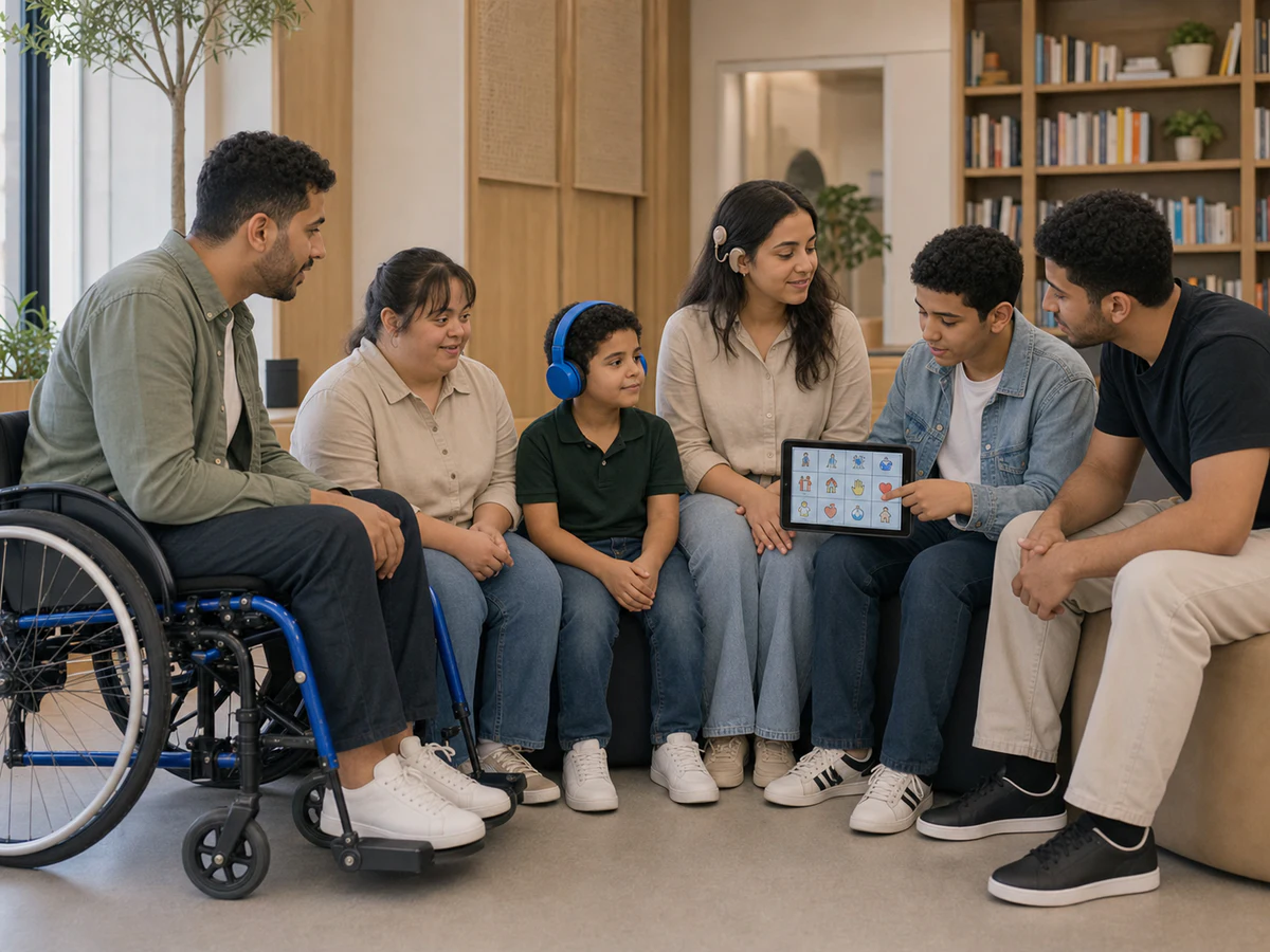 دائرة حوار ليبية تضم أشخاصًا ذوي إعاقات وتجارب متنوعة، ومستمعًا يسأل باهتمام قبل أن يحكم