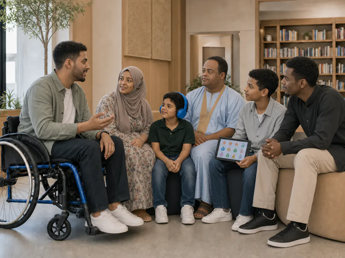 دائرة حوار موريتانية تضم أشخاصًا ذوي إعاقات وتجارب متنوعة، ومستمعًا يسأل باهتمام قبل أن يحكم
