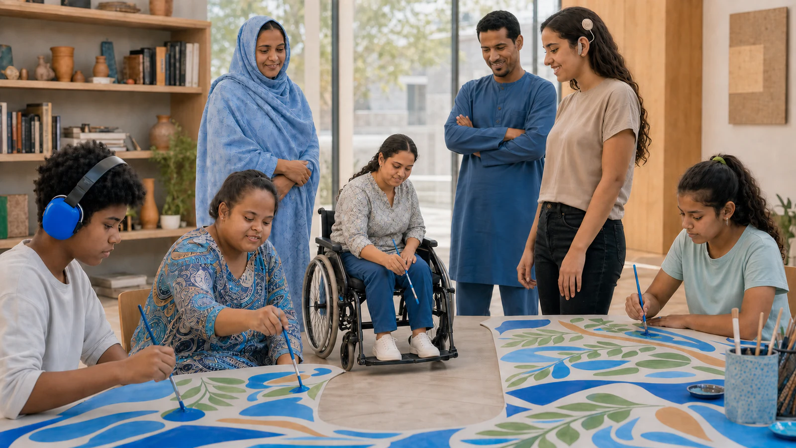 ورشة فنية مجتمعية موريتانية تضم طفلًا يستخدم واقيات سمع حسية، وطفلة ذات متلازمة داون، وشابة تستخدم كرسيًا متحركًا، وشابة تستخدم زراعة قوقعة، ومجموعة تشارك في الرسم