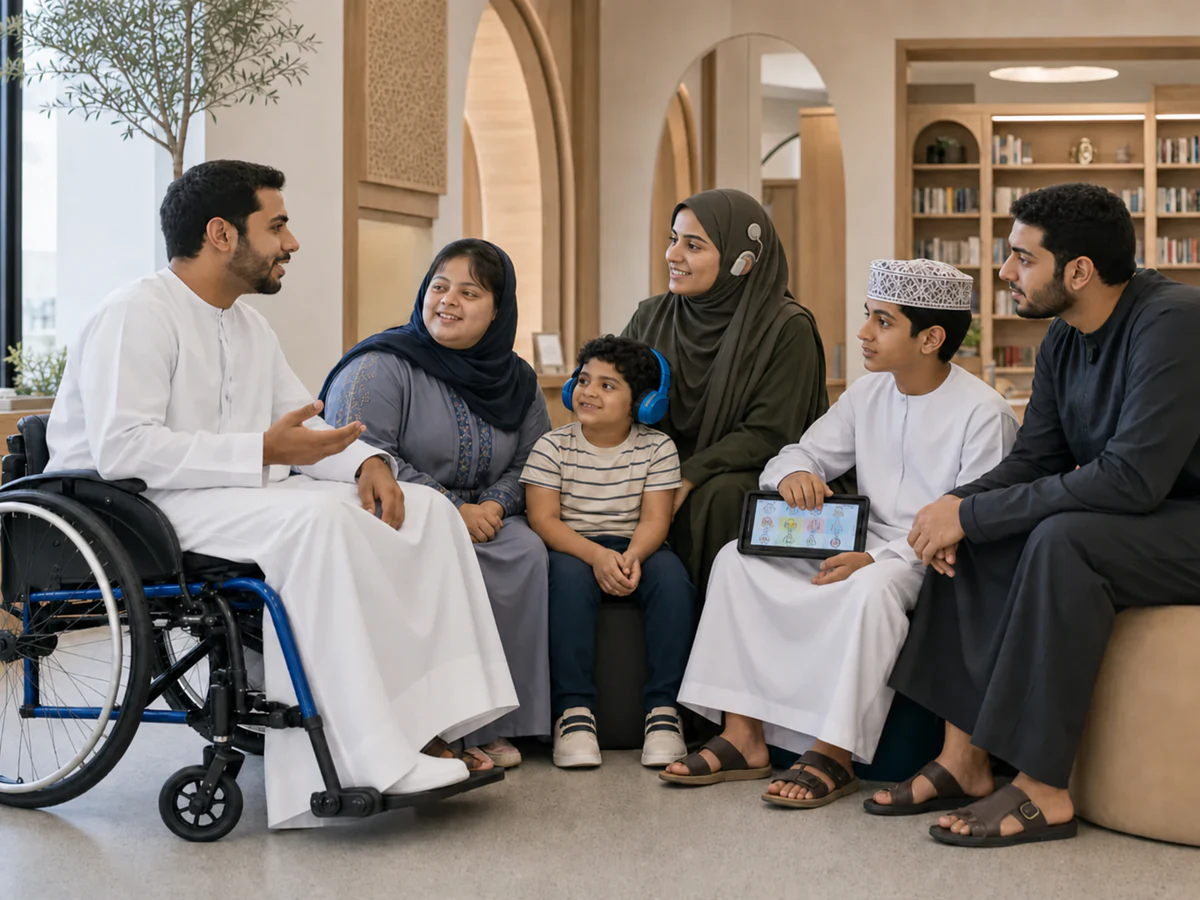 دائرة حوار عُمانية تضم أشخاصًا ذوي إعاقات وتجارب متنوعة، ومستمعًا يسأل باهتمام قبل أن يحكم