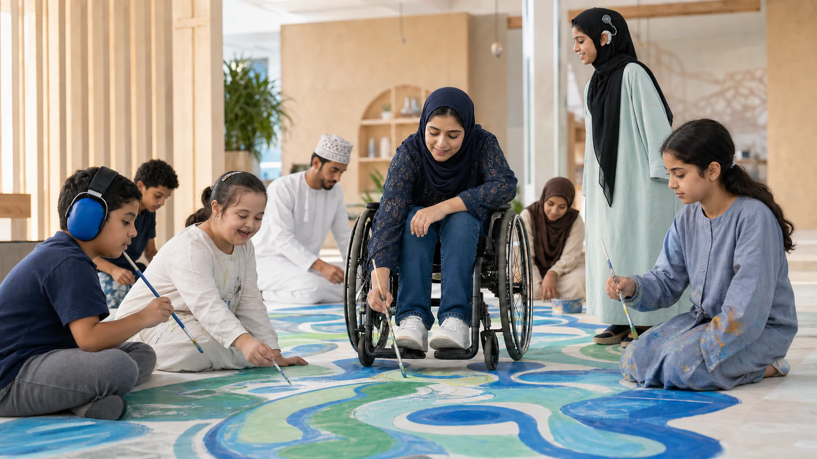 ورشة فنية مجتمعية عُمانية تضم طفلًا يستخدم واقيات سمع حسية، وطفلة ذات متلازمة داون، وشابة تستخدم كرسيًا متحركًا، وشابة تستخدم زراعة قوقعة، ومجموعة تشارك في الرسم