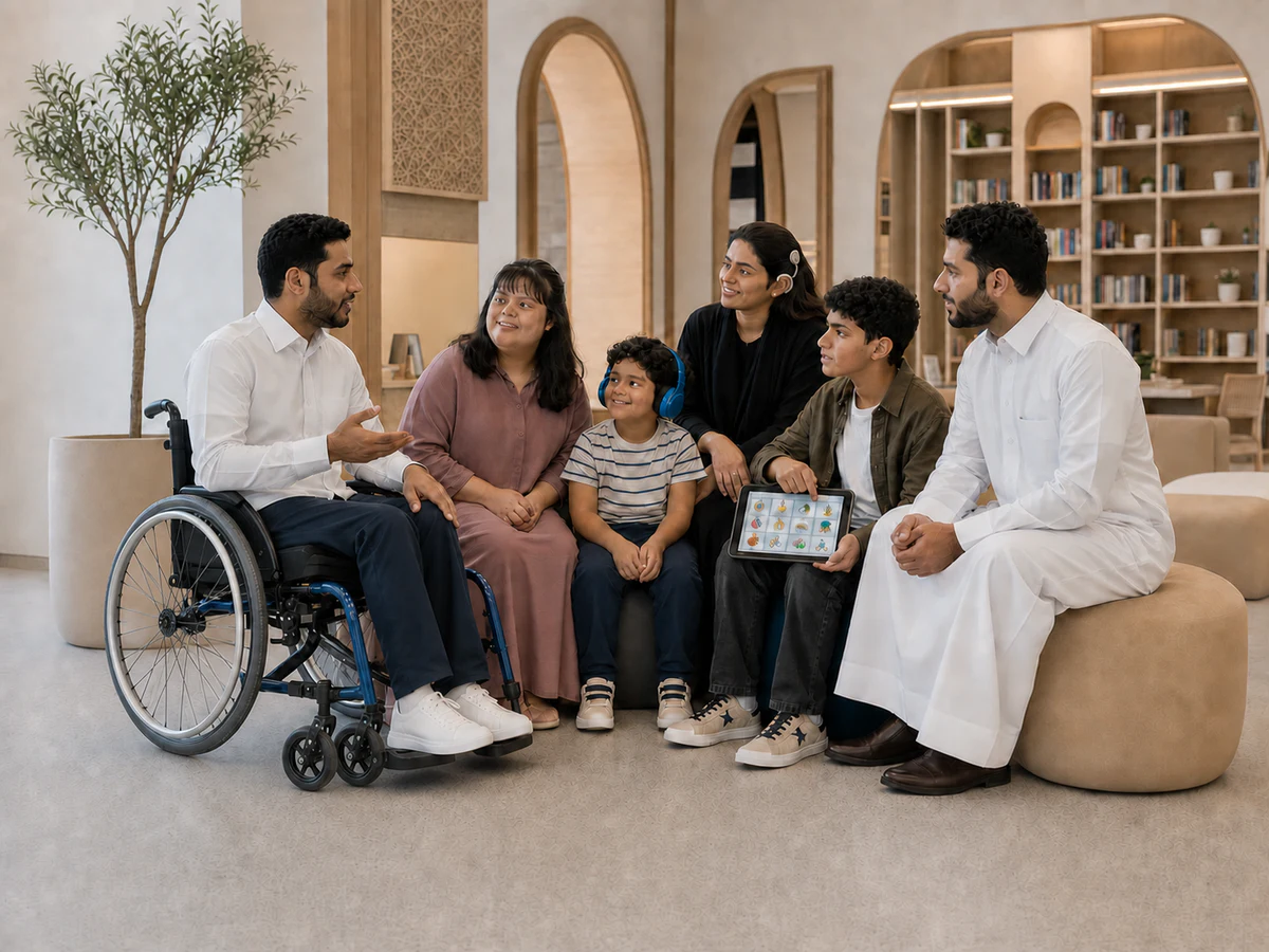 دائرة حوار قطرية تضم أشخاصًا ذوي إعاقات وتجارب متنوعة، ومستمعًا يسأل باهتمام قبل أن يحكم