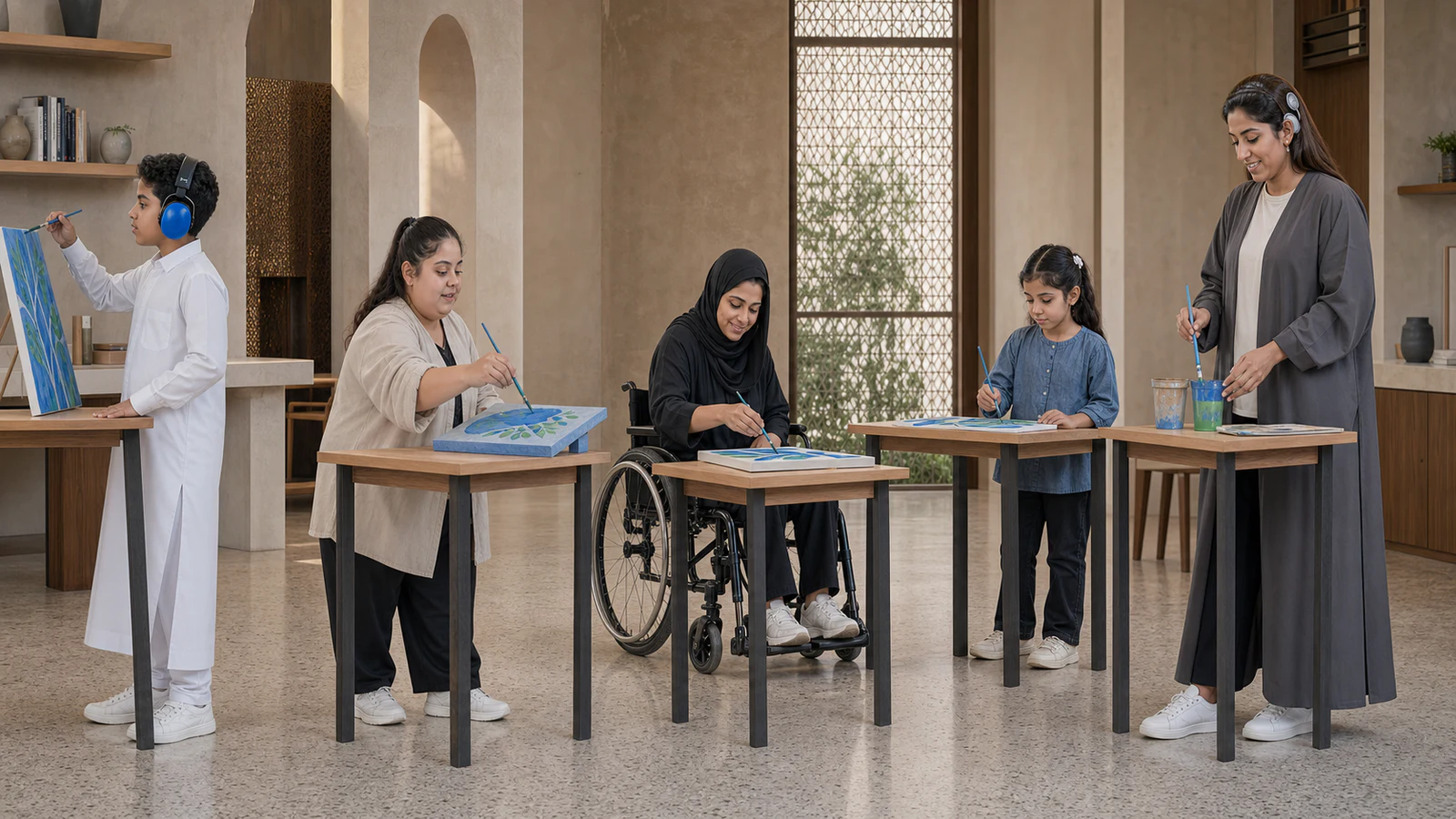 ورشة فنية مجتمعية قطرية تضم طفلًا يستخدم واقيات سمع حسية، وطفلة ذات متلازمة داون، وشابة تستخدم كرسيًا متحركًا، وشابة تستخدم زراعة قوقعة، ومجموعة تشارك في الرسم