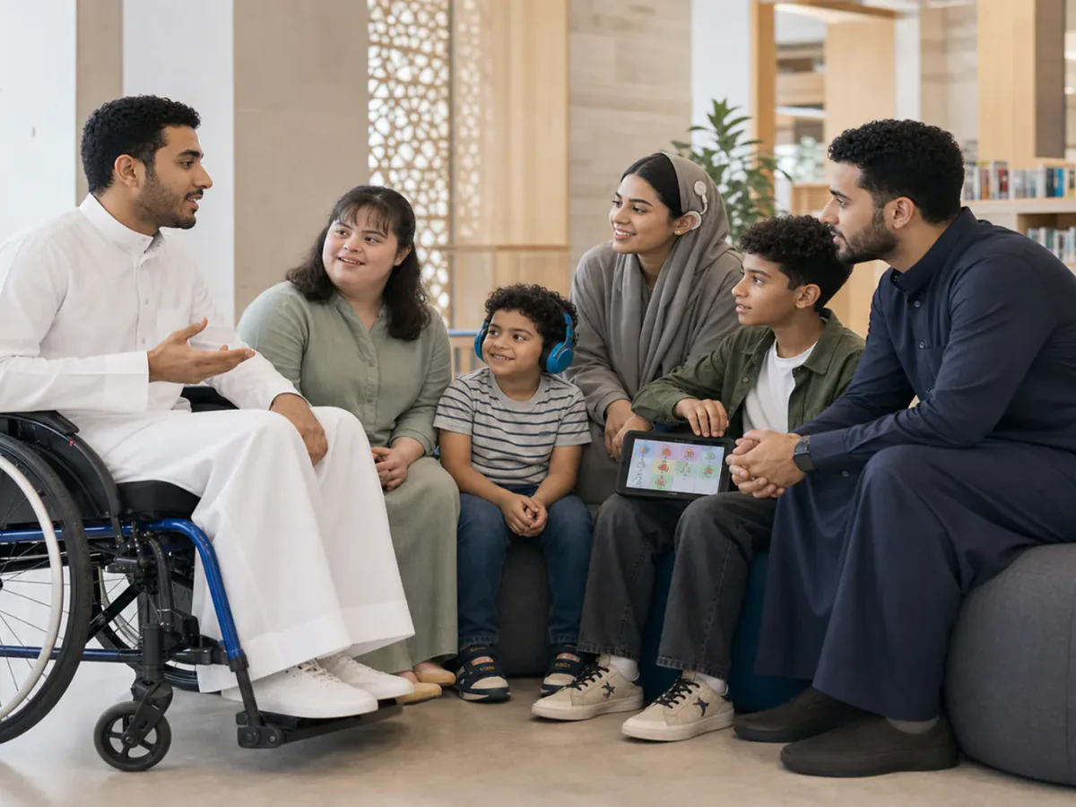 دائرة حوار سعودية تضم أشخاصًا ذوي إعاقات وتجارب متنوعة ومستمعًا يسأل باهتمام قبل أن يحكم