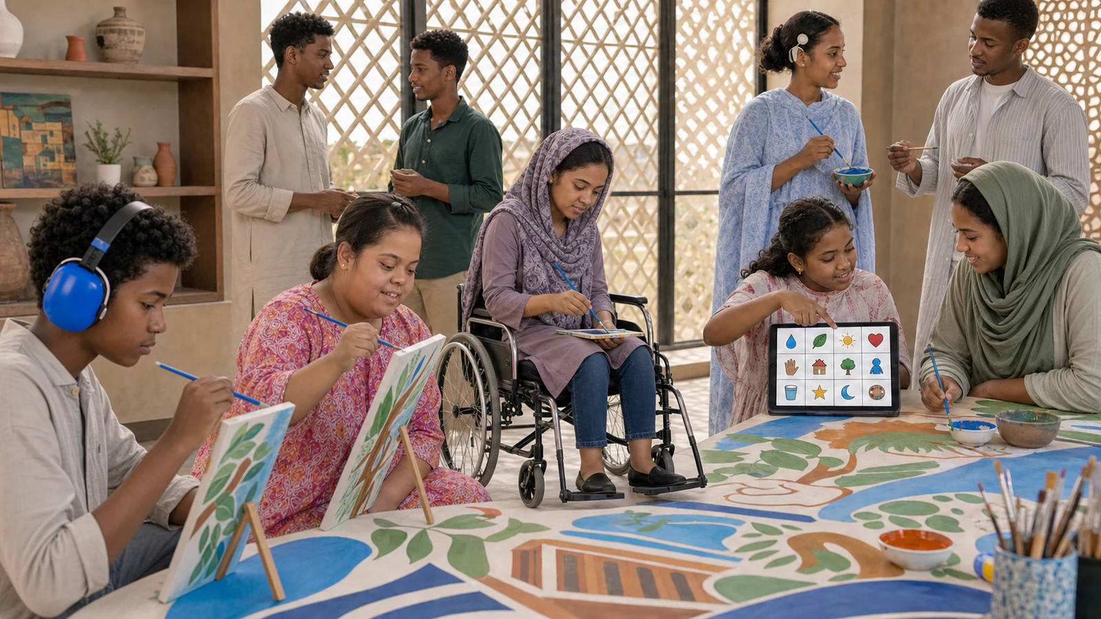 ورشة فنية سودانية تضم طفلًا يستخدم واقيات سمع حسية، وطفلة تستخدم لوحة تواصل وتنظر إلى العمل بطريقتها، وشابة ذات متلازمة داون، وفنانة تستخدم كرسيًا متحركًا، وشابة تستخدم زراعة قوقعة، وكلهم يشاركون في الرسم