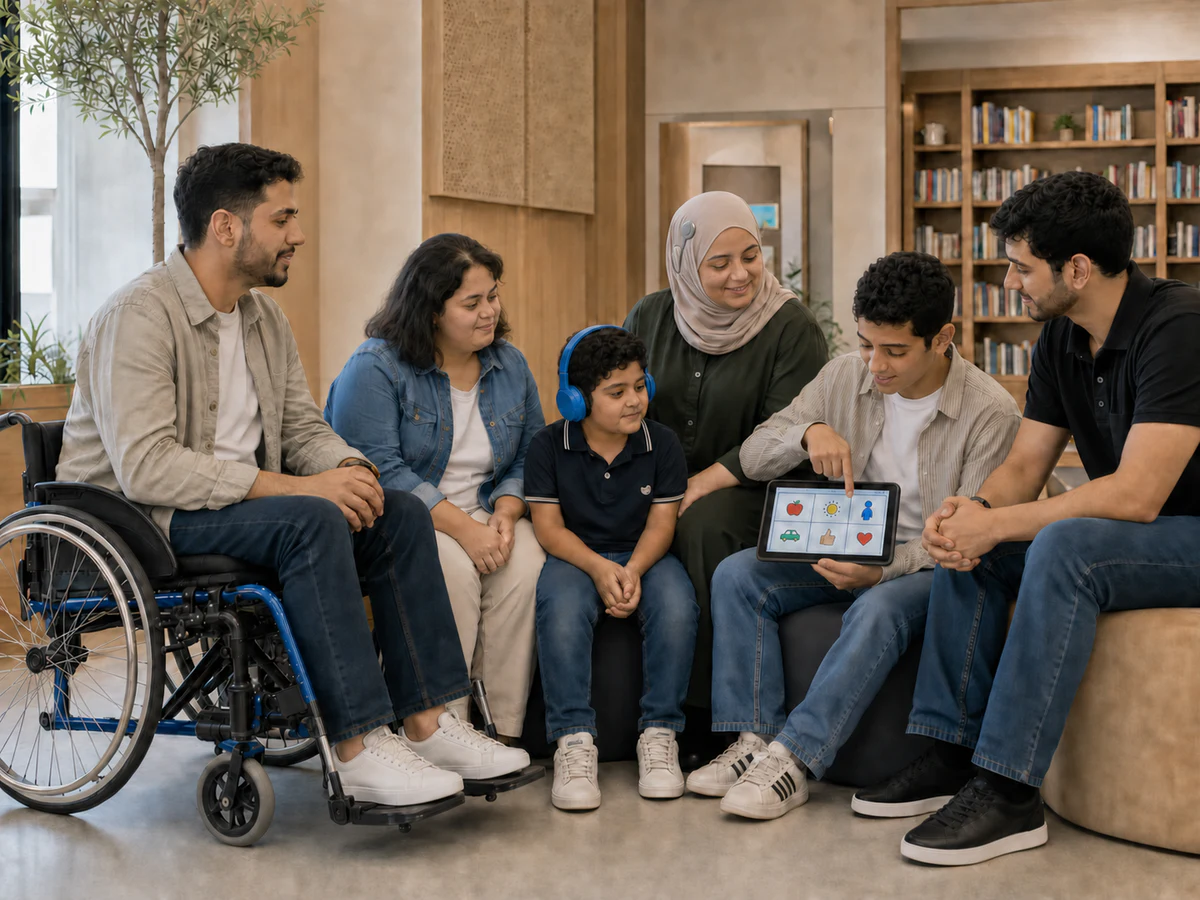 دائرة حوار تونسية تضم أشخاصًا ذوي إعاقات وتجارب متنوعة، ومستمعًا يسأل باهتمام قبل أن يحكم
