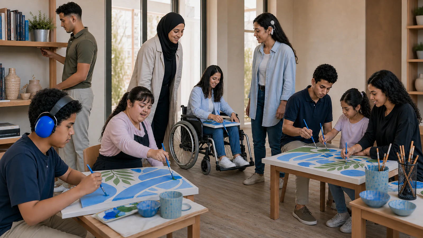ورشة فنية مجتمعية تونسية تضم طفلًا يستخدم واقيات سمع حسية، وطفلة ذات متلازمة داون، وشابة تستخدم كرسيًا متحركًا، وشابة تستخدم زراعة قوقعة، ومجموعة تشارك في الرسم